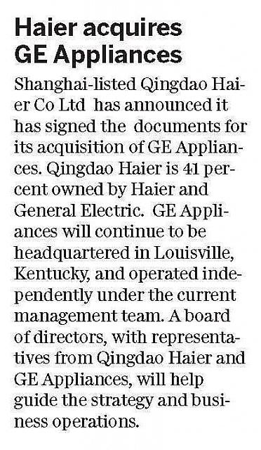 Haier acquires GE Appliances