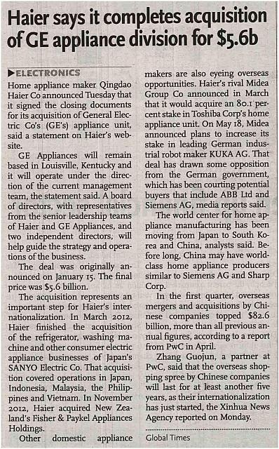 Haier says it completes acquisition of GE appliance division for $5.6b