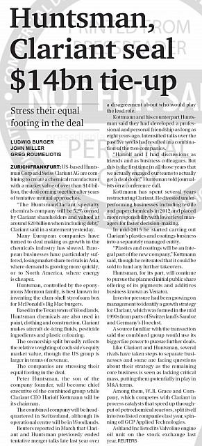 Huntsman, Clariant seal USD 14bn tie-up