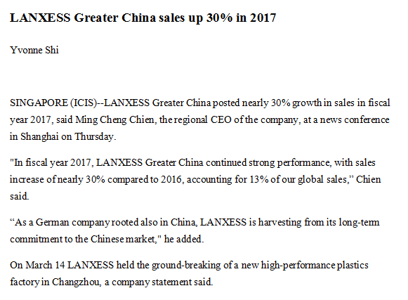 LANXESS Greater China sales up 30 percent in 2017