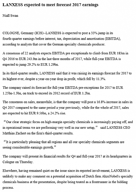 LANXESS expected to meet forecast 2017 earnings1