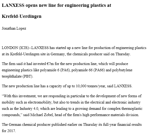 LANXESS opens new line for engineering plastics at Krefeld-Uerdingen