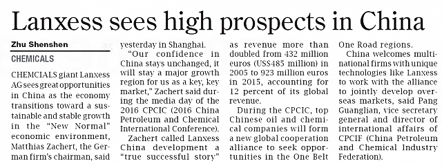 LANXESS sees high prospects in China