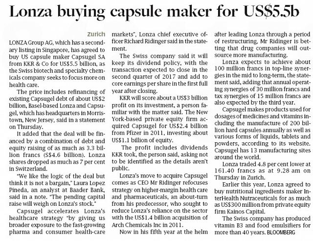 Lonza buying capsule maker for USD5.5b