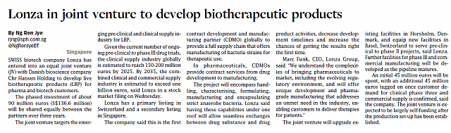 Lonza in joint venture to develop biotherapeutic products