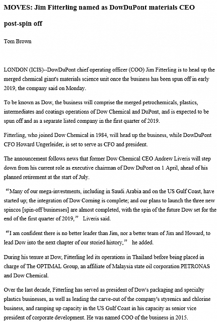 MOVES Jim Fitterling named as DowDuPont materials CEO post spin off