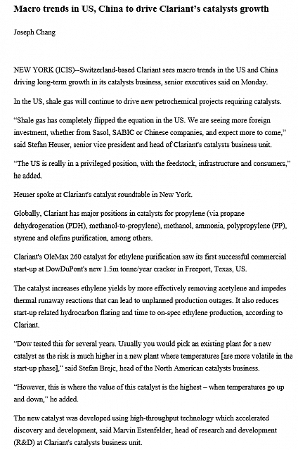 Macro trends in US, China to drive Clariant’s catalysts growth1