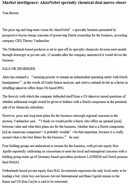 Market intelligence AkzoNobel specialty chemical deal moves closer1