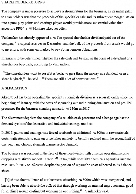 Market intelligence AkzoNobel specialty chemical deal moves closer2