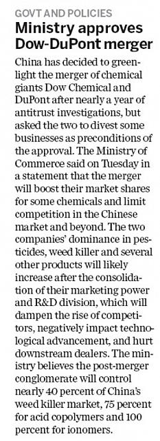 Ministry approves Dow-DuPont merger