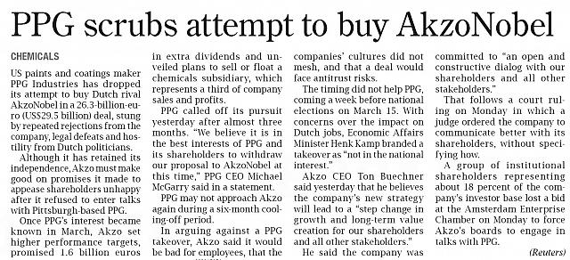 PPG scrubs attempt to buy AkzoNobel
