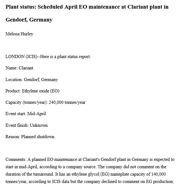 Scheduled April EO maintenance at Clariant plant in Gendorf, Germany