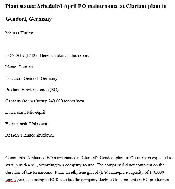 Scheduled April EO maintenance at Clariant plant in Gendorf, Germany
