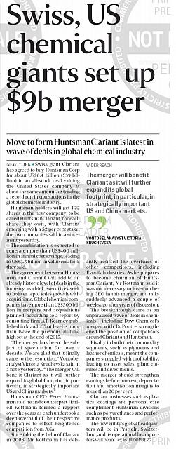 Swiss, US chemical giants set up SGD 9b merger