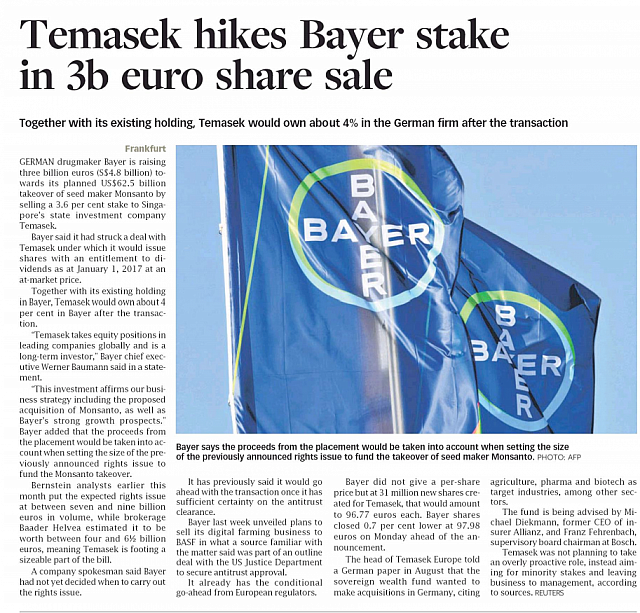 Temasek hikes Bayer stake in 3b euro share sale