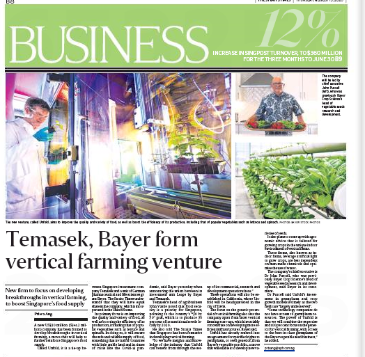 Temasek, Bayer form vertical farming venture