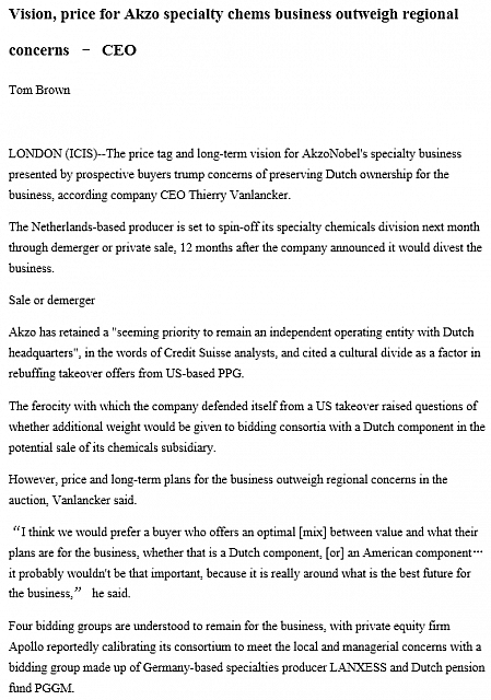 Vision, price for Akzo specialty chems business outweigh regional concerns – CEO1