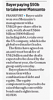 Bayer paying SGD 90b to take over Monsanto