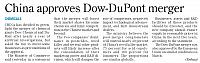 China approves Dow-DuPont merger