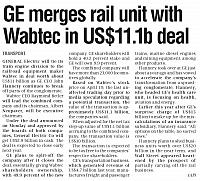 GE merges rail unit with Wabtec in US$11.1b deal