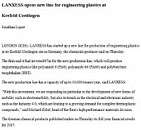 LANXESS opens new line for engineering plastics at Krefeld-Uerdingen