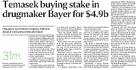 Temasek buying stake in drugmaker Bayer for SGD 4.9 billion