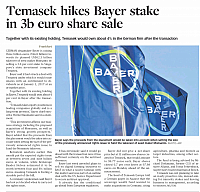 Temasek hikes Bayer stake in 3b euro share sale